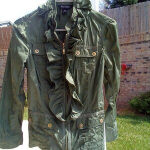 White House Black Market Army Green Ruffled Crop Boho Jacket Size XS Cutie
